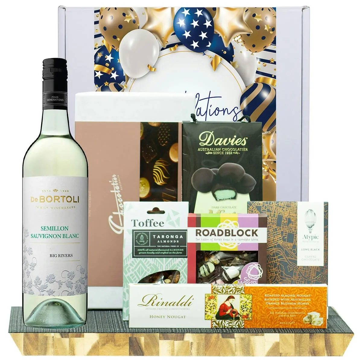 24822F Congratulations Gourmet Hamper with De Bortoli Big Rivers Semillon Sauvignon Blanc