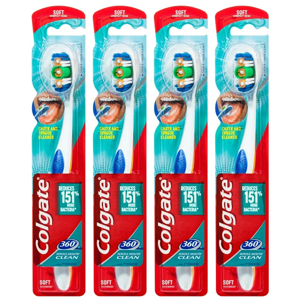 4PK Colgate 360° Clean Soft Bristles Toothbrush w/Cheek/Tongue Cleaner Assorted