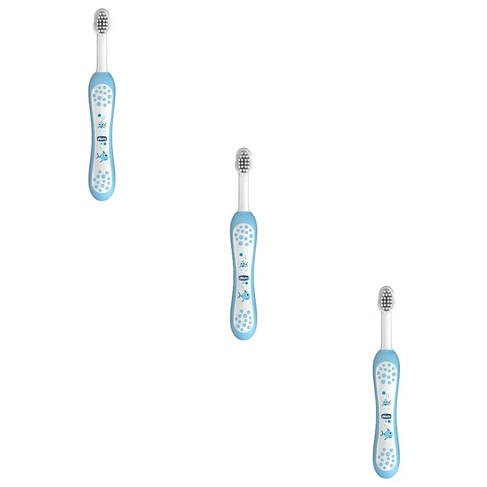 3x Chicco Toothbrush Baby/Toddler Teeth Cleaning Oral Care 6-36m Light Blue