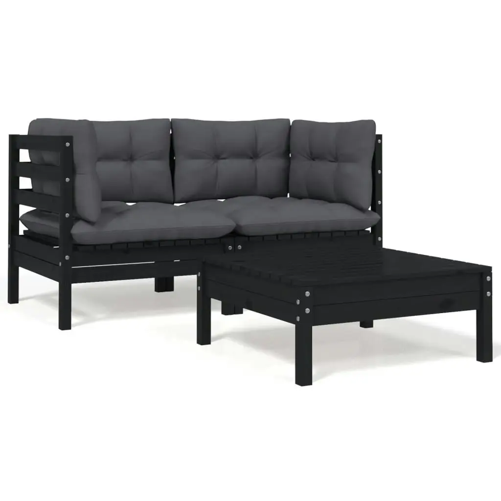 3 Piece Garden Lounge Set with Cushions Black Solid Pinewood 806680