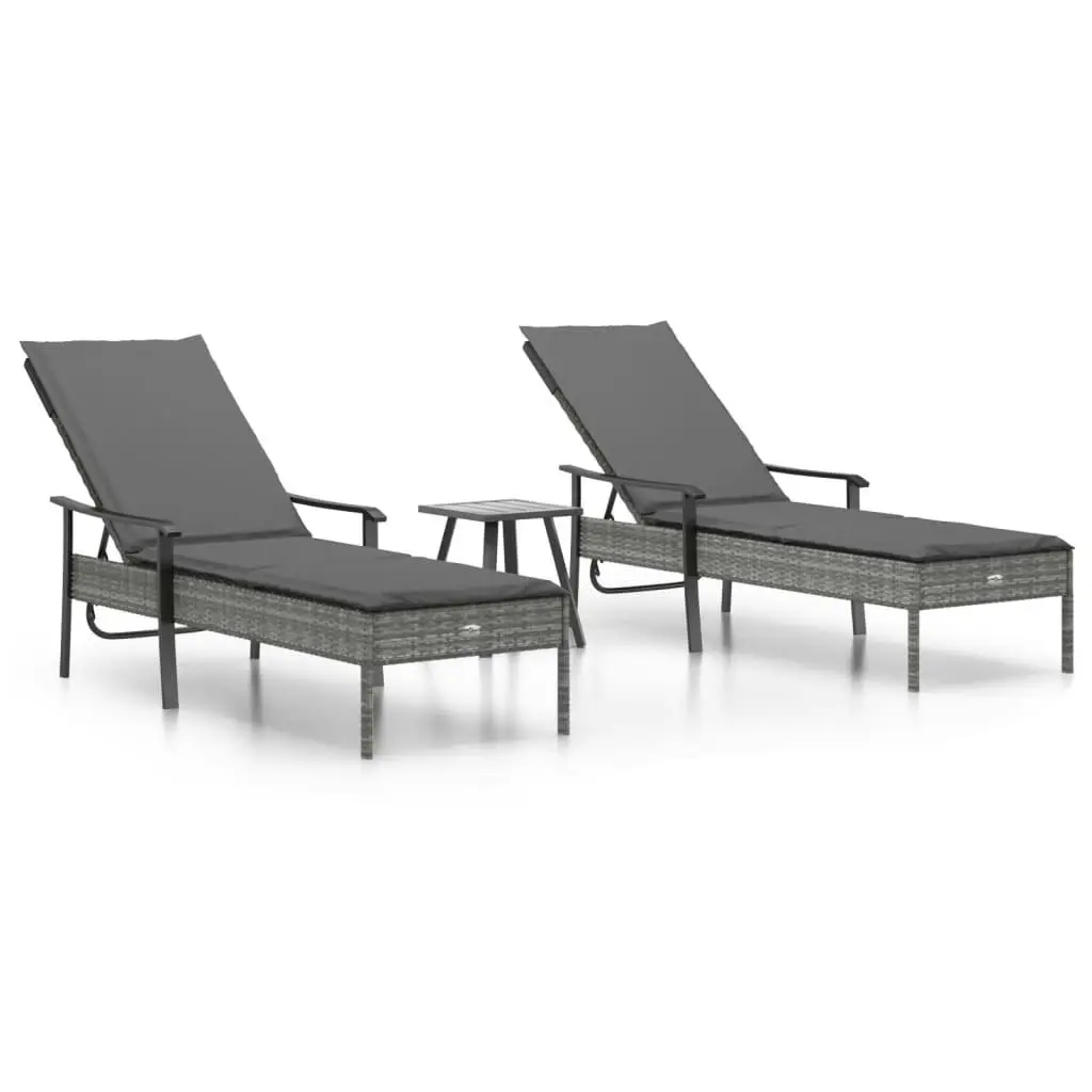 Sun Loungers 2 pcs with Table and Cushions Grey Poly Rattan 362808