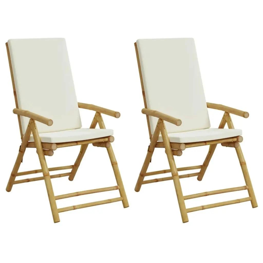 2 Piece Folding Bistro Chairs with Cream White Cushions Bamboo 365875