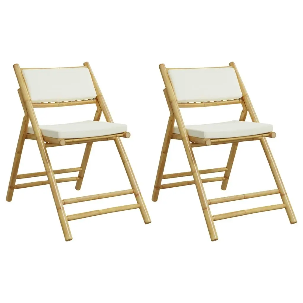 2 Piece Folding Bistro Chairs with Cream White Cushions Bamboo 365871