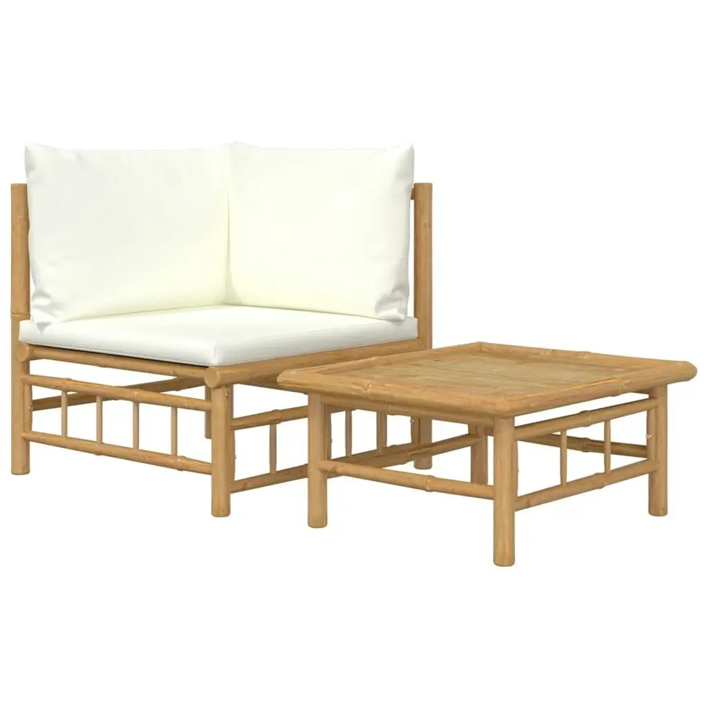 2 Piece Garden Lounge Set with Cream White Cushions Bamboo 362299