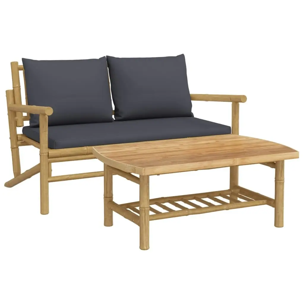 2 Piece Garden Lounge Set with Dark Grey Cushions Bamboo 363465