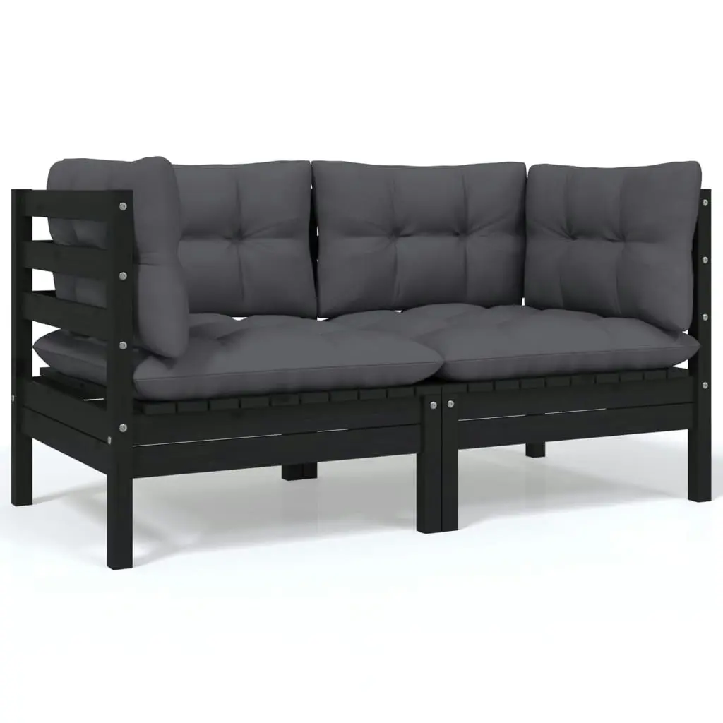 2-Seater Garden Sofa with Cushions Black Solid Pinewood 806650