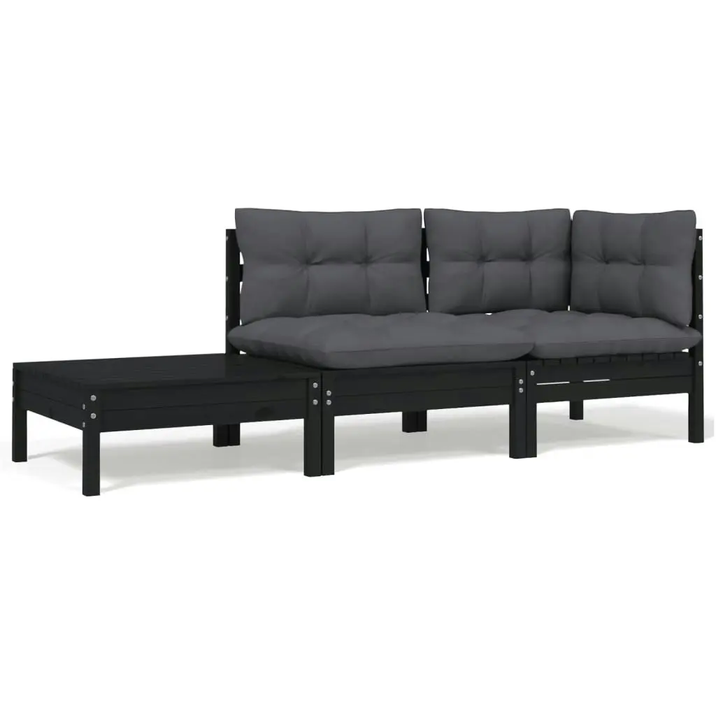 3 Piece Garden Lounge Set with Cushions Black Solid Pinewood 806674