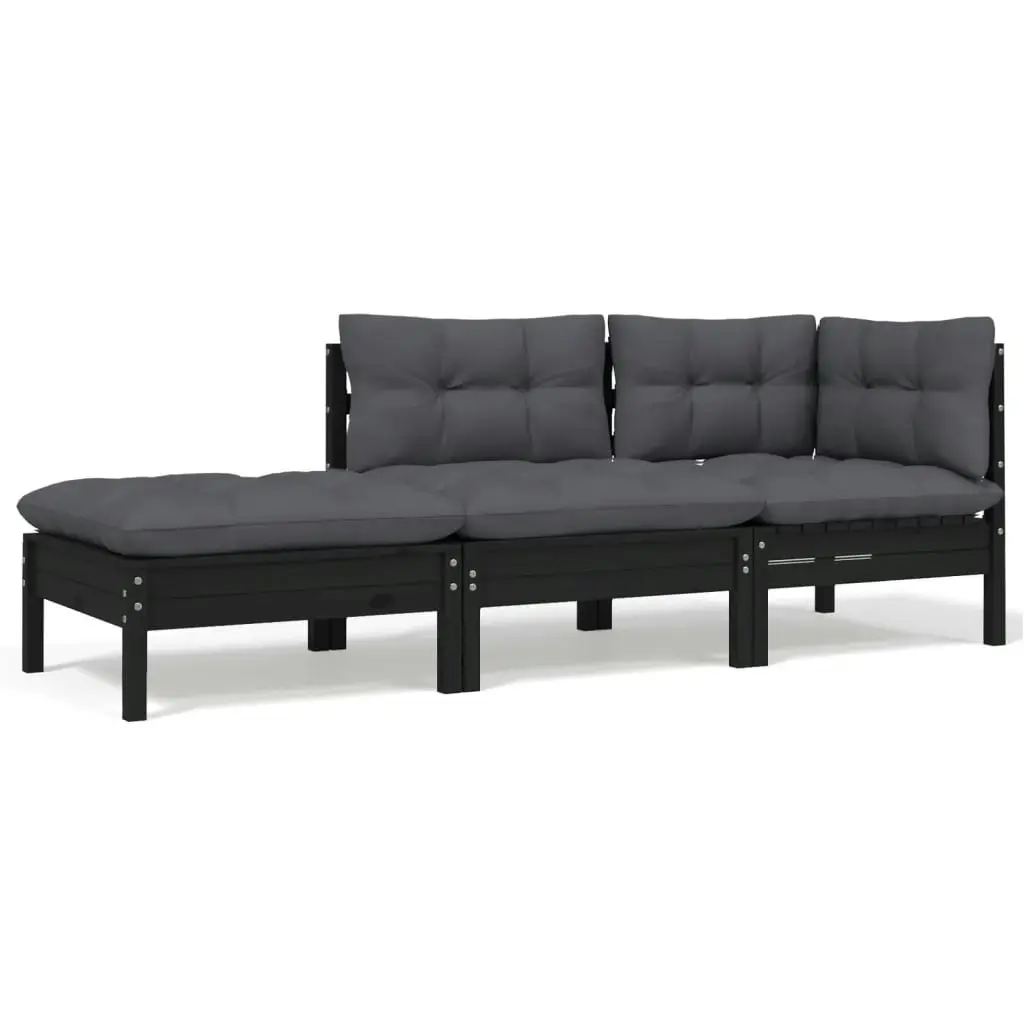 3 Piece Garden Lounge Set with Cushions Black Solid Pinewood 806668