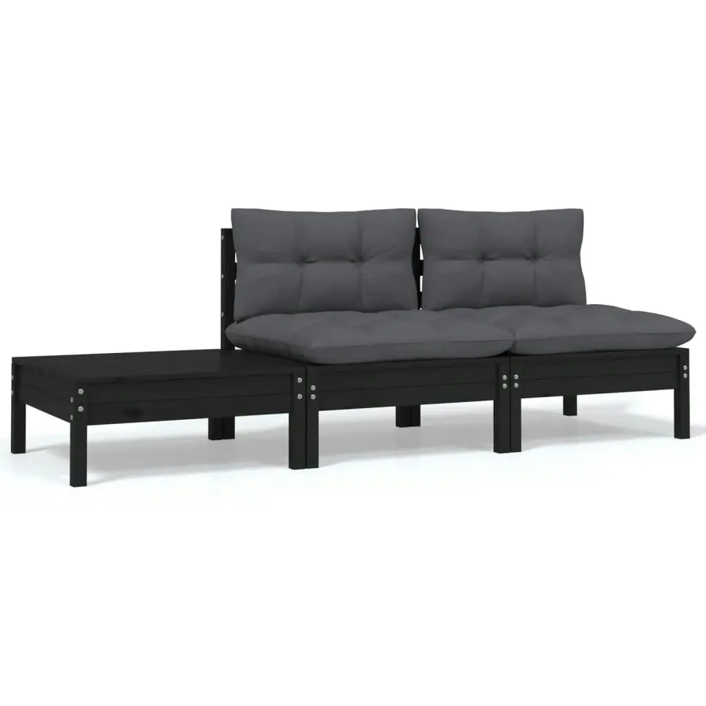 3 Piece Garden Lounge Set with Cushions Black Solid Pinewood 806686