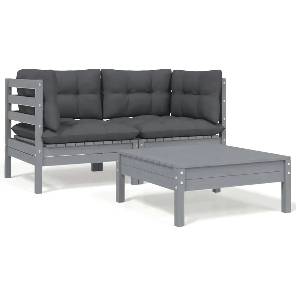 3 Piece Garden Lounge Set with Cushions Grey Solid Pinewood 806678