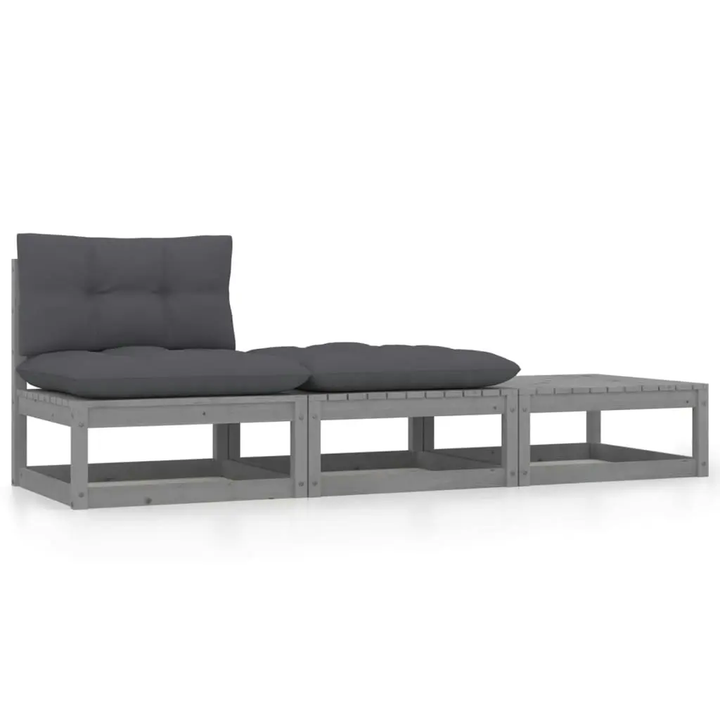 3 Piece Garden Lounge Set with Cushions Grey Solid Pinewood 805767