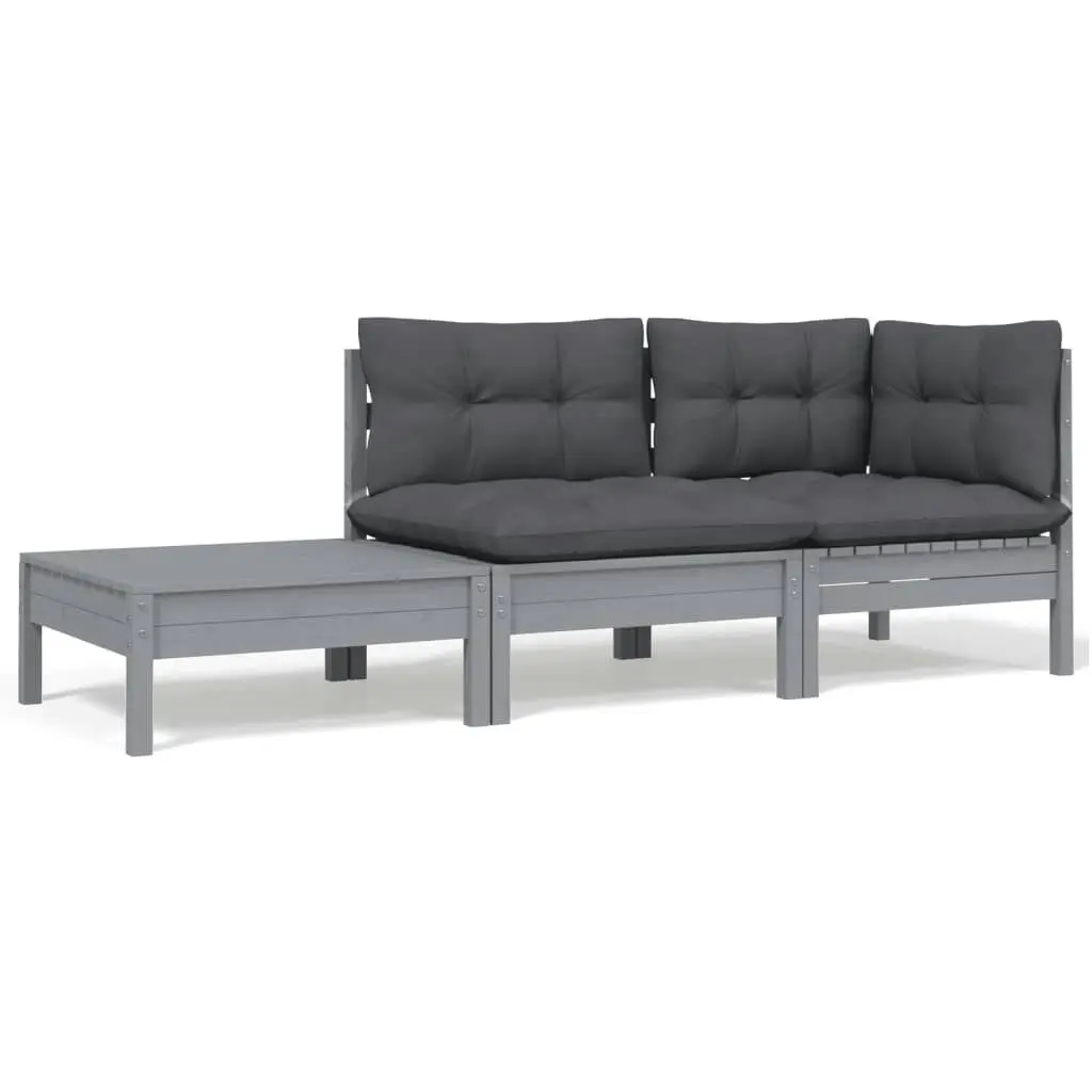 3 Piece Garden Lounge Set with Cushions Grey Solid Pinewood 806672