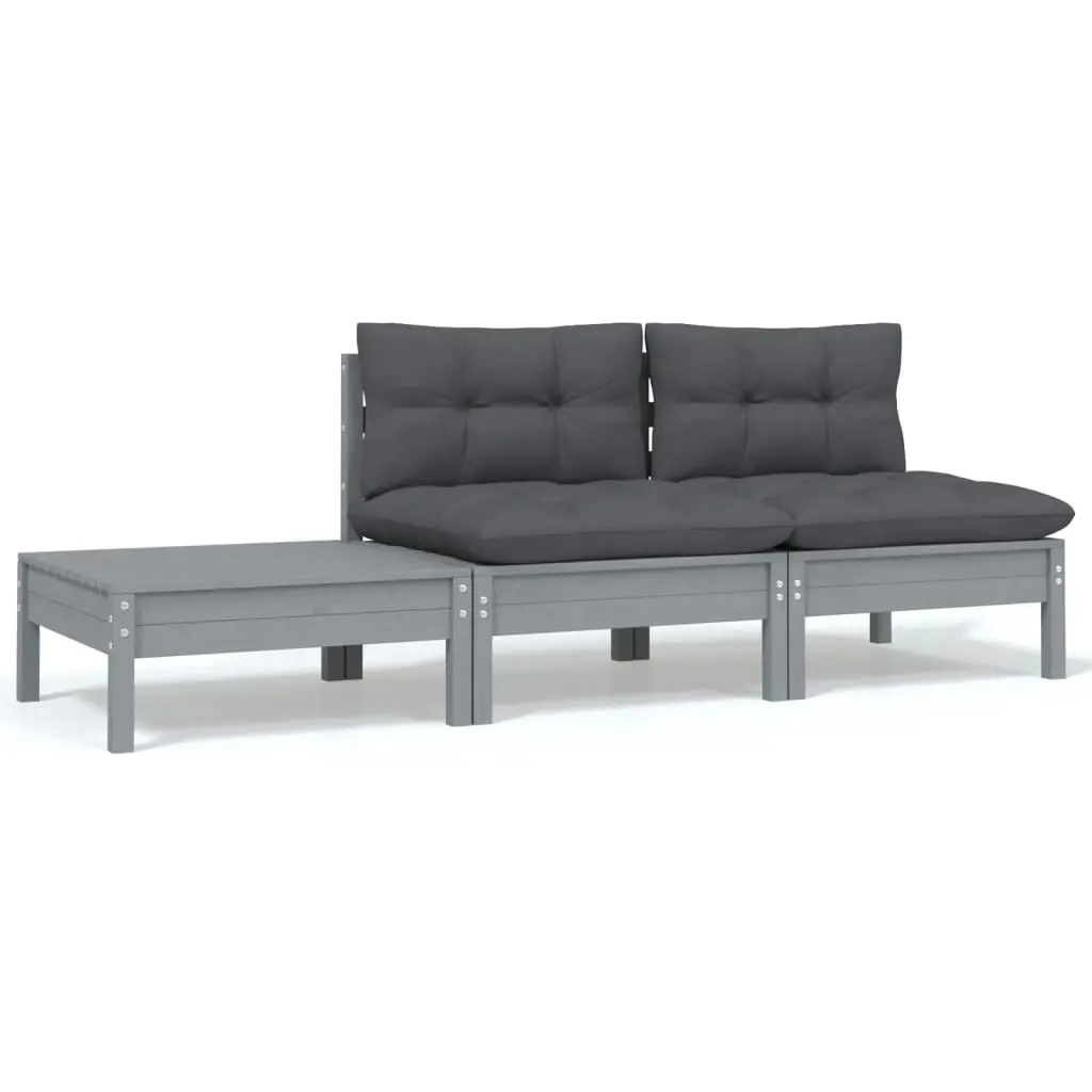 3 Piece Garden Lounge Set with Cushions Grey Solid Pinewood 806684