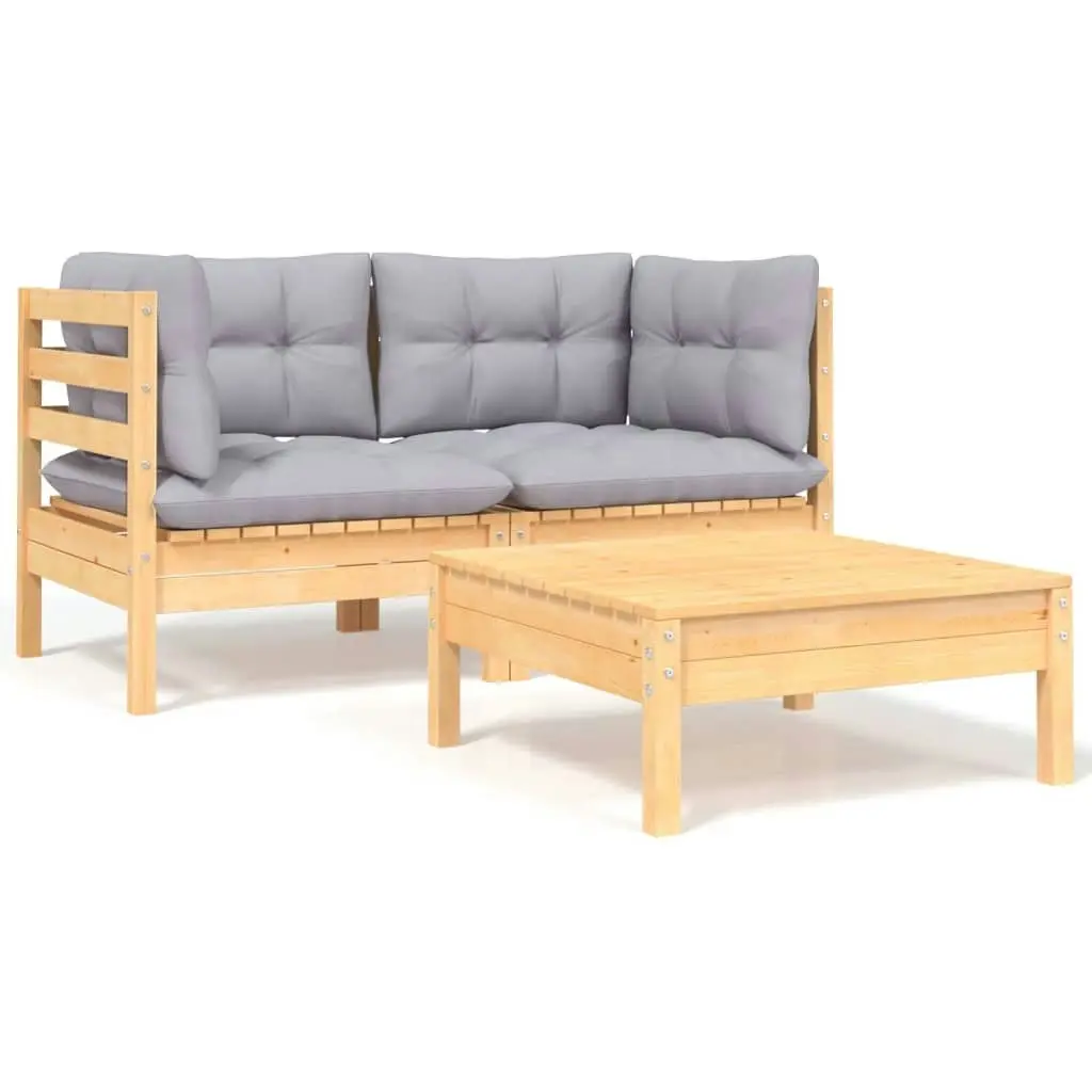 3 Piece Garden Lounge Set with Grey Cushions Solid Pinewood 806675