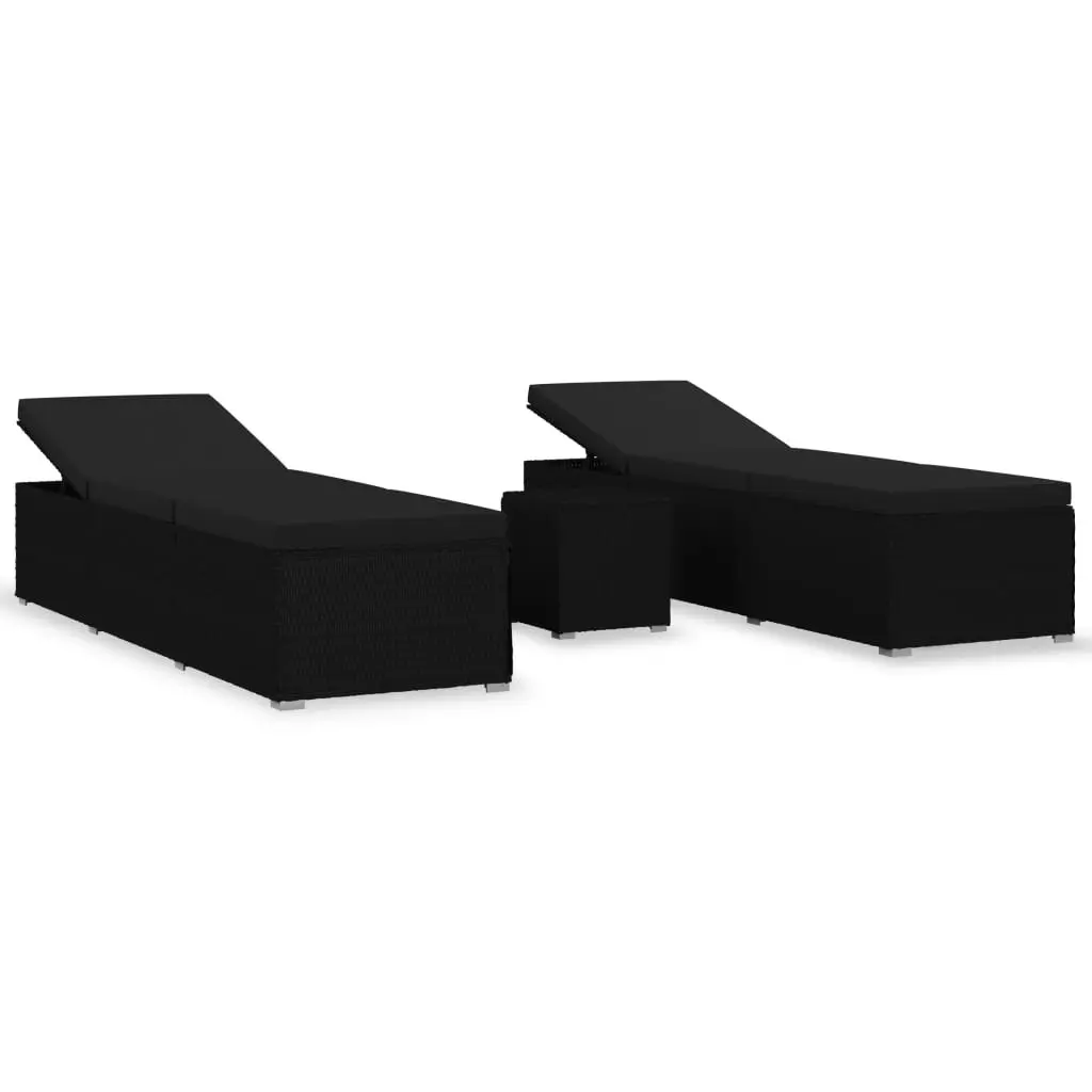 3 Piece Garden Sun Loungers with Tea Table Poly Rattan Black 3057666