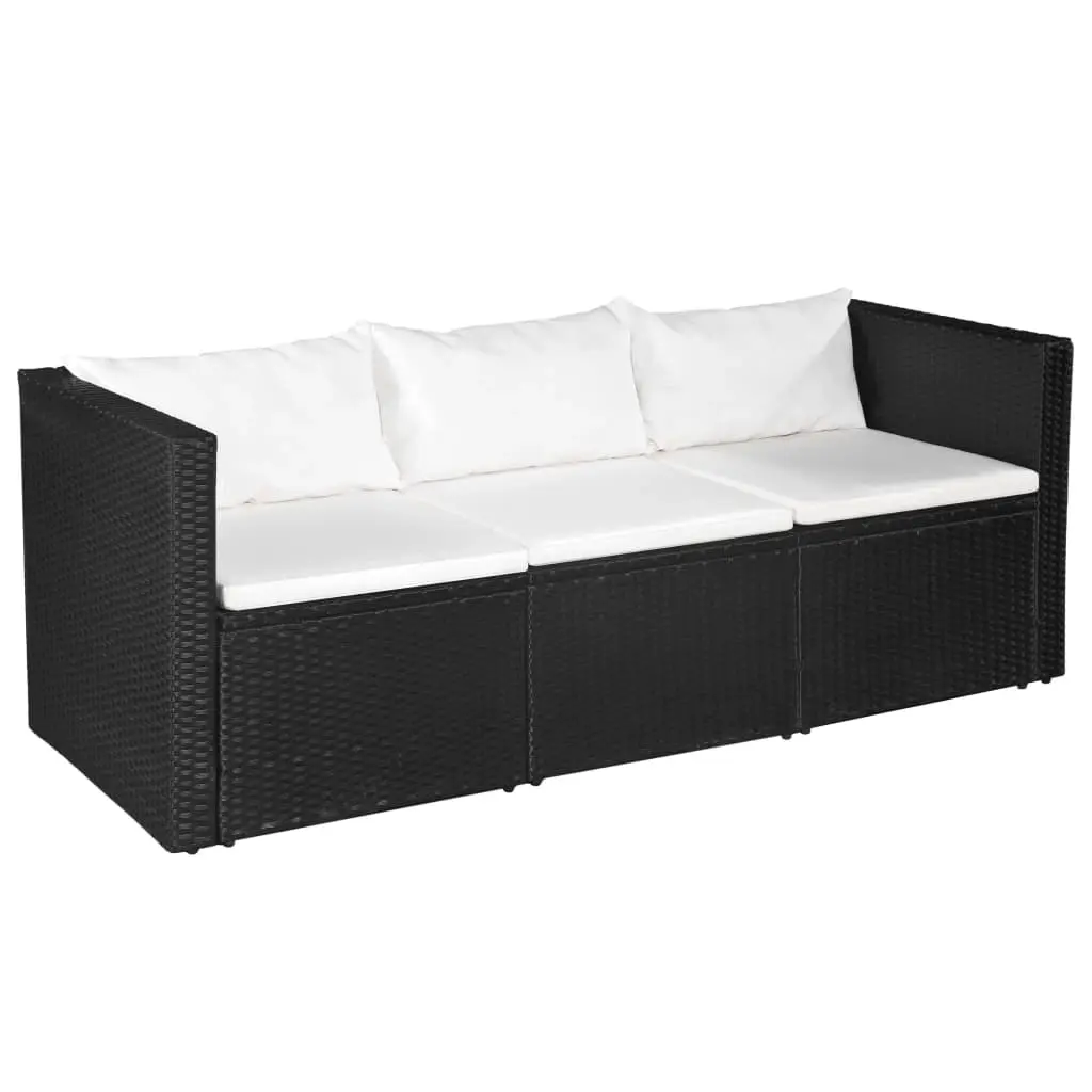 3 Seater Garden Sofa Black Poly Rattan with White Cushions 44172