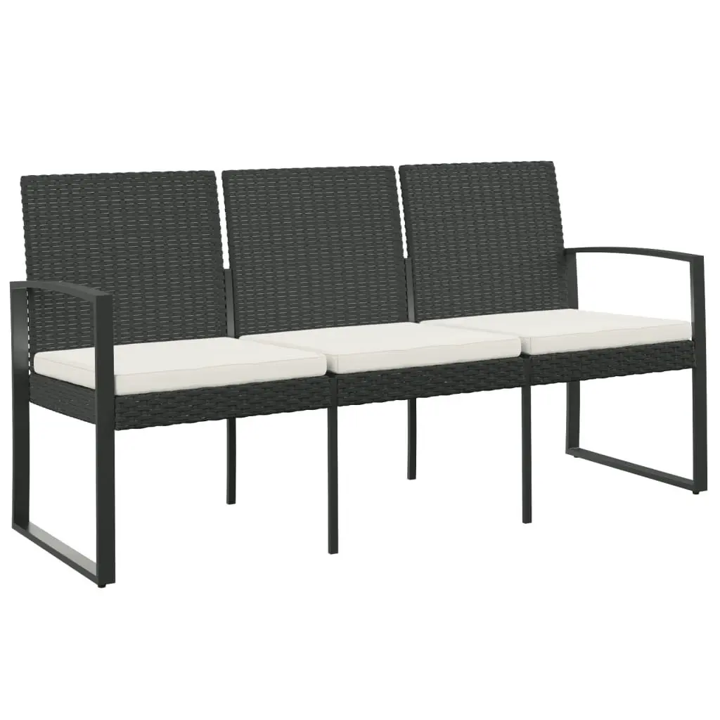 3-Seater Garden Bench with Cushions Black PP Rattan 360212