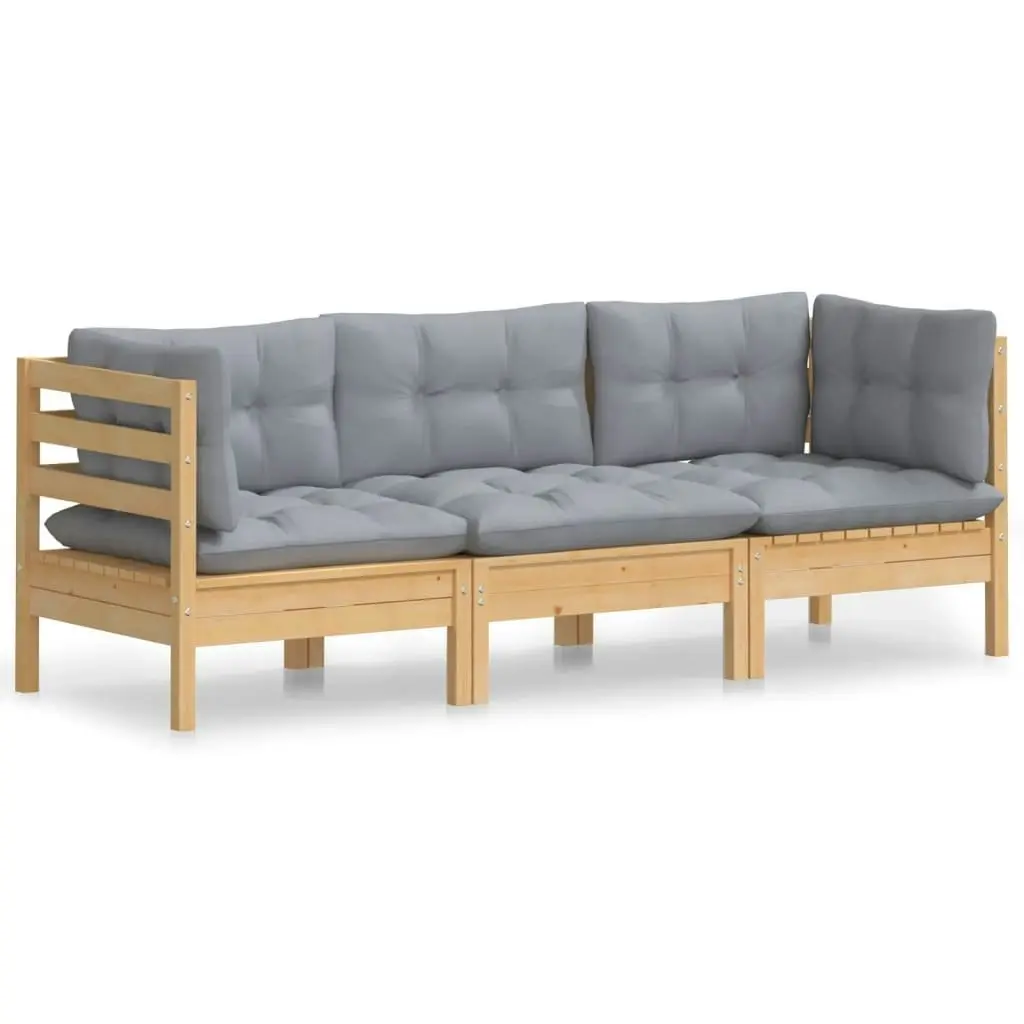 3-Seater Garden Sofa with Grey Cushions Solid Pinewood 3096099