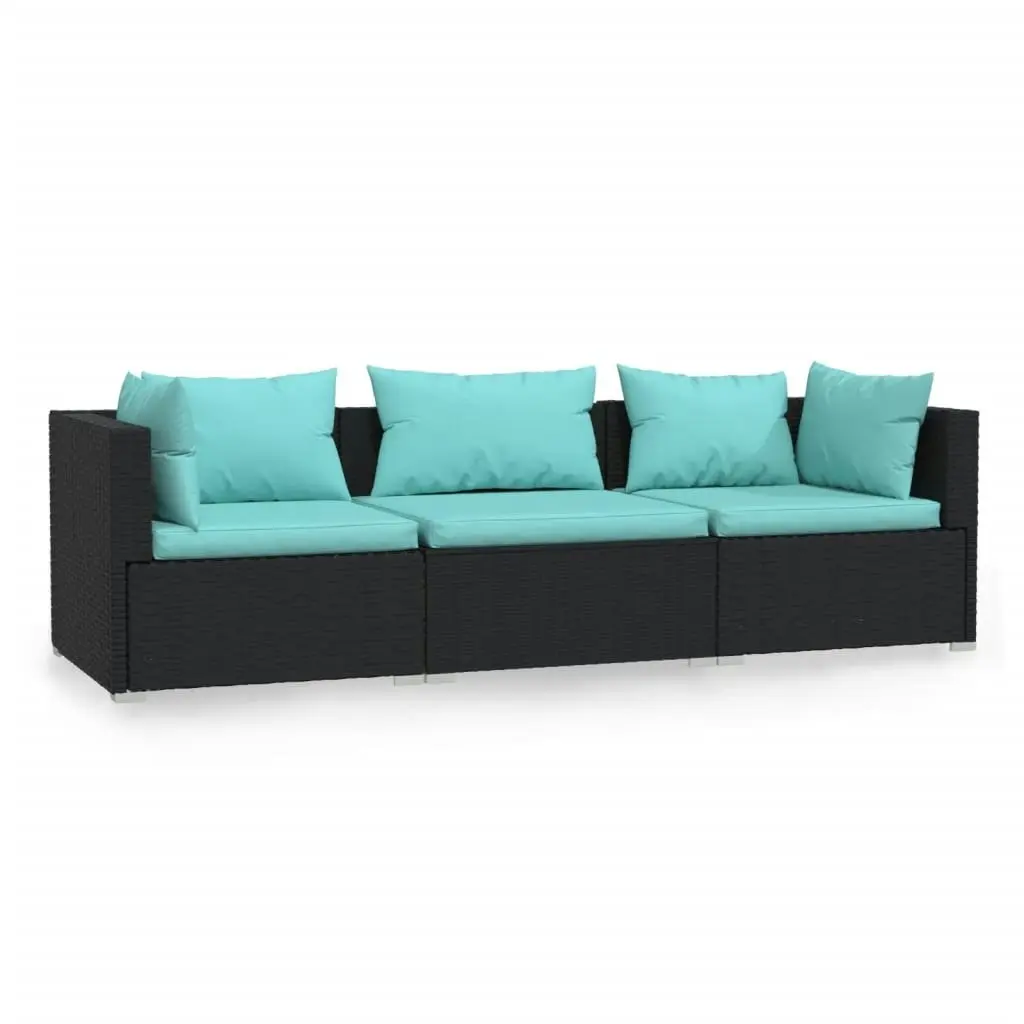 3-Seater Sofa with Cushions Black Poly Rattan 317533