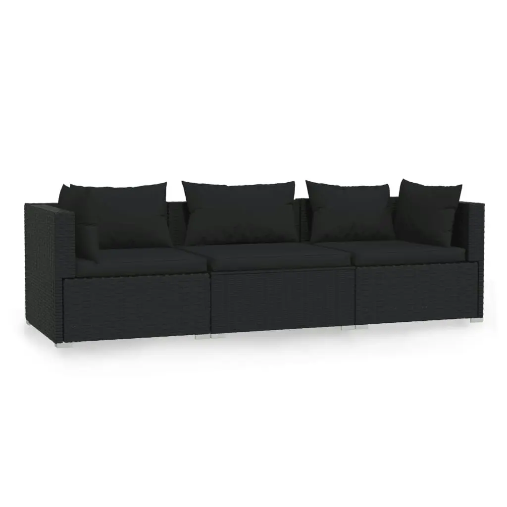 3-Seater Sofa with Cushions Black Poly Rattan 317522