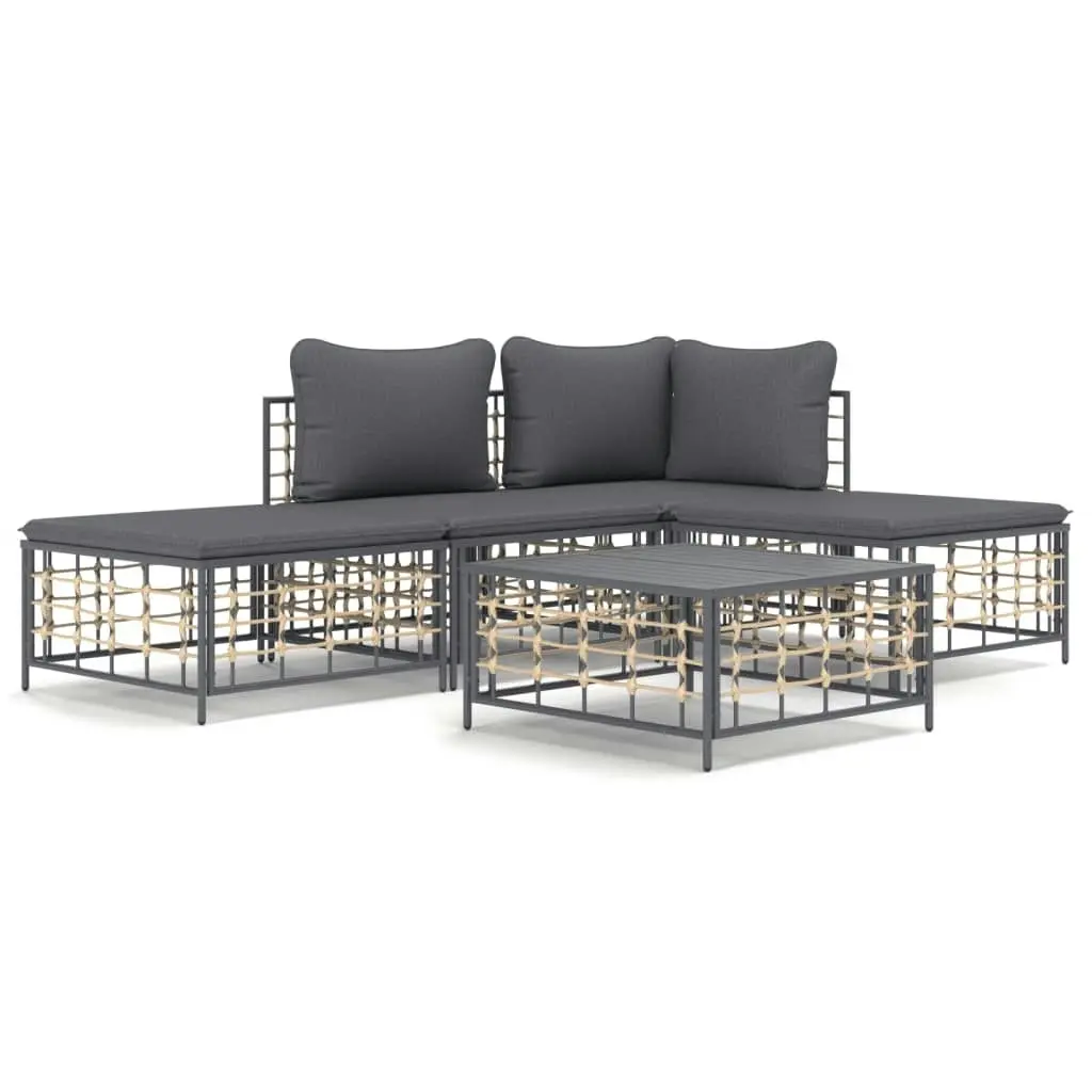 5 Piece Garden Lounge Set with Cushions Anthracite Poly Rattan 3186729