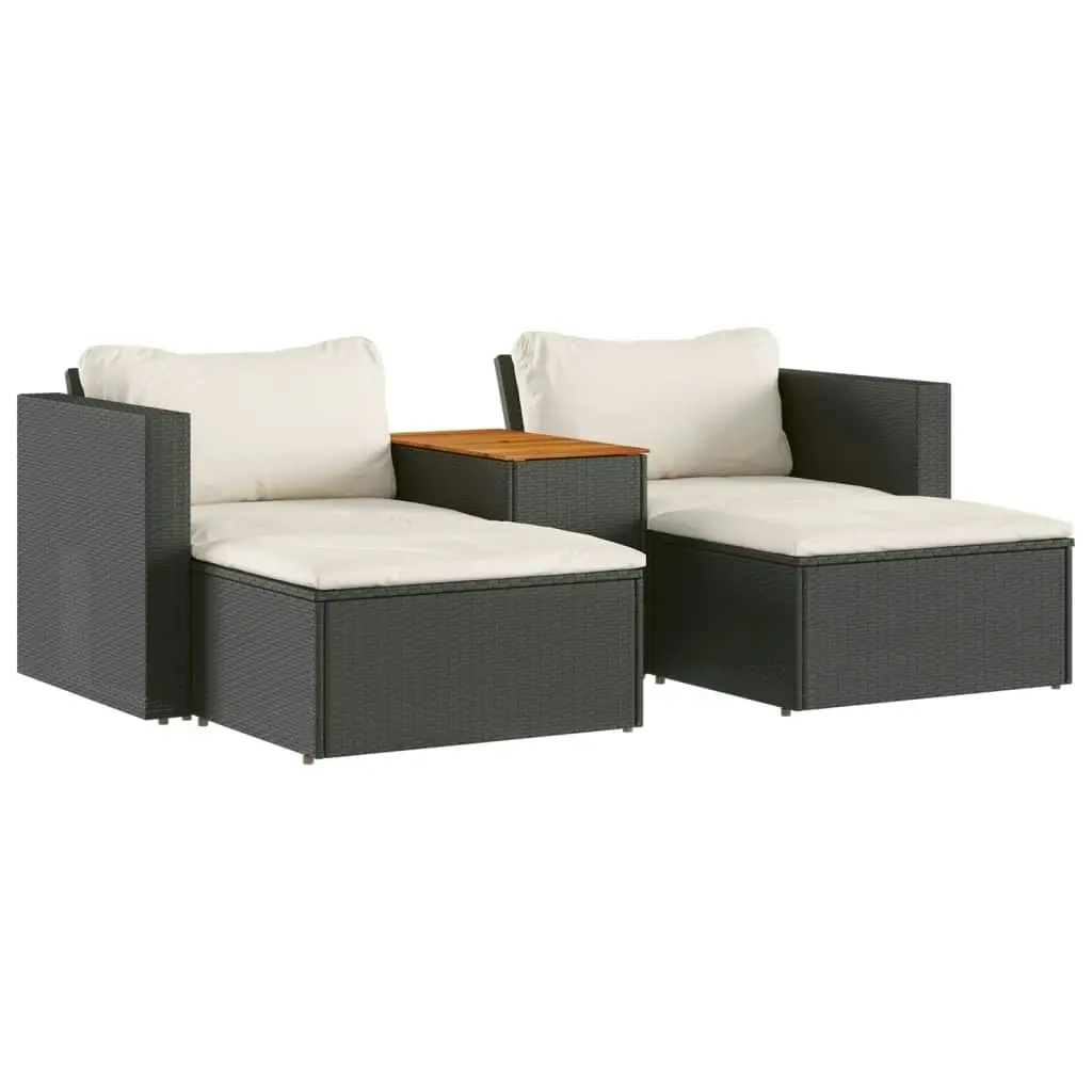 5 Piece Garden Sofa Set with Cushions Black Poly Rattan Acacia 365725