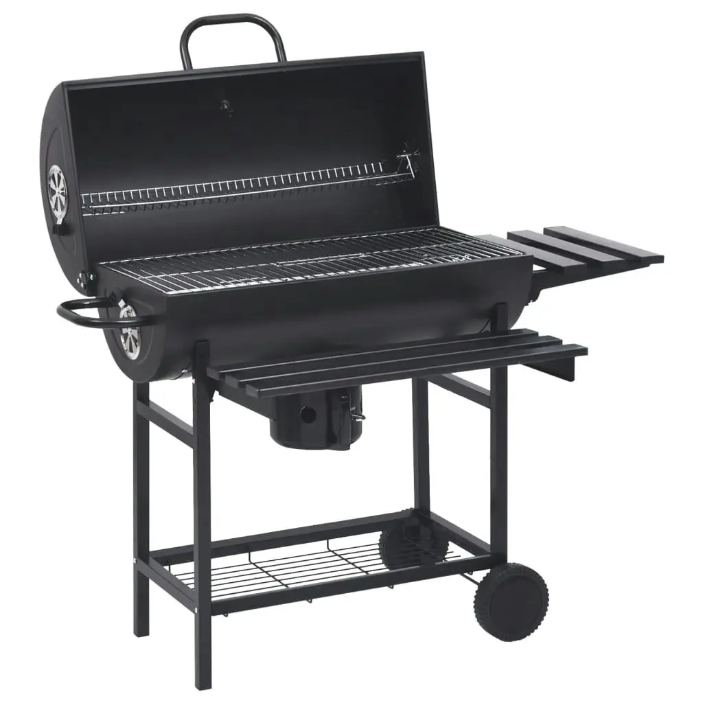 Barrel Grill with Wheels and Shelves Black Steel 115x85x95 cm 313636