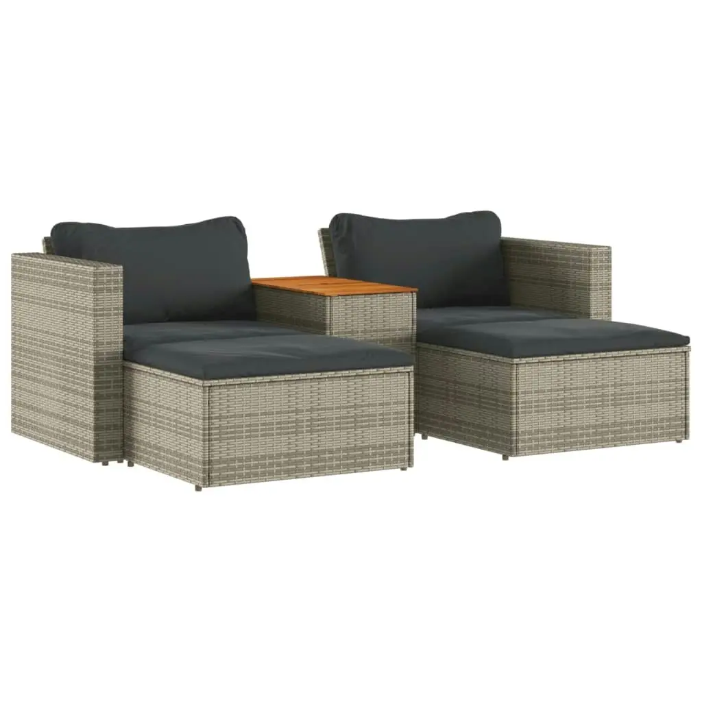 5 Piece Garden Sofa Set with Cushions Grey Poly Rattan Acacia 365726