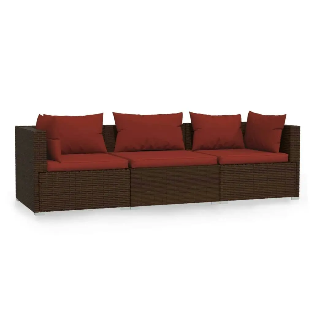 3-Seater Sofa with Cushions Brown Poly Rattan 317544