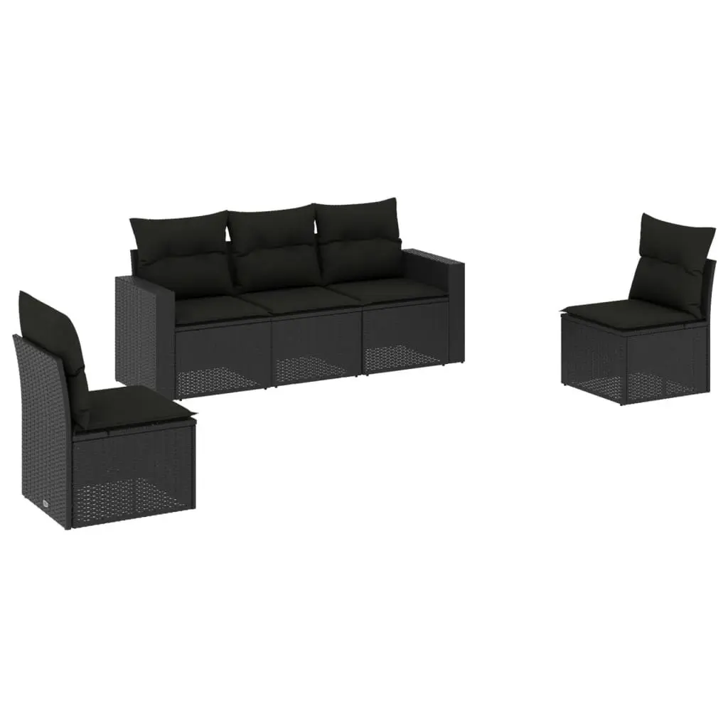 5 Piece Garden Sofa Set with Cushions Black Poly Rattan 3251122