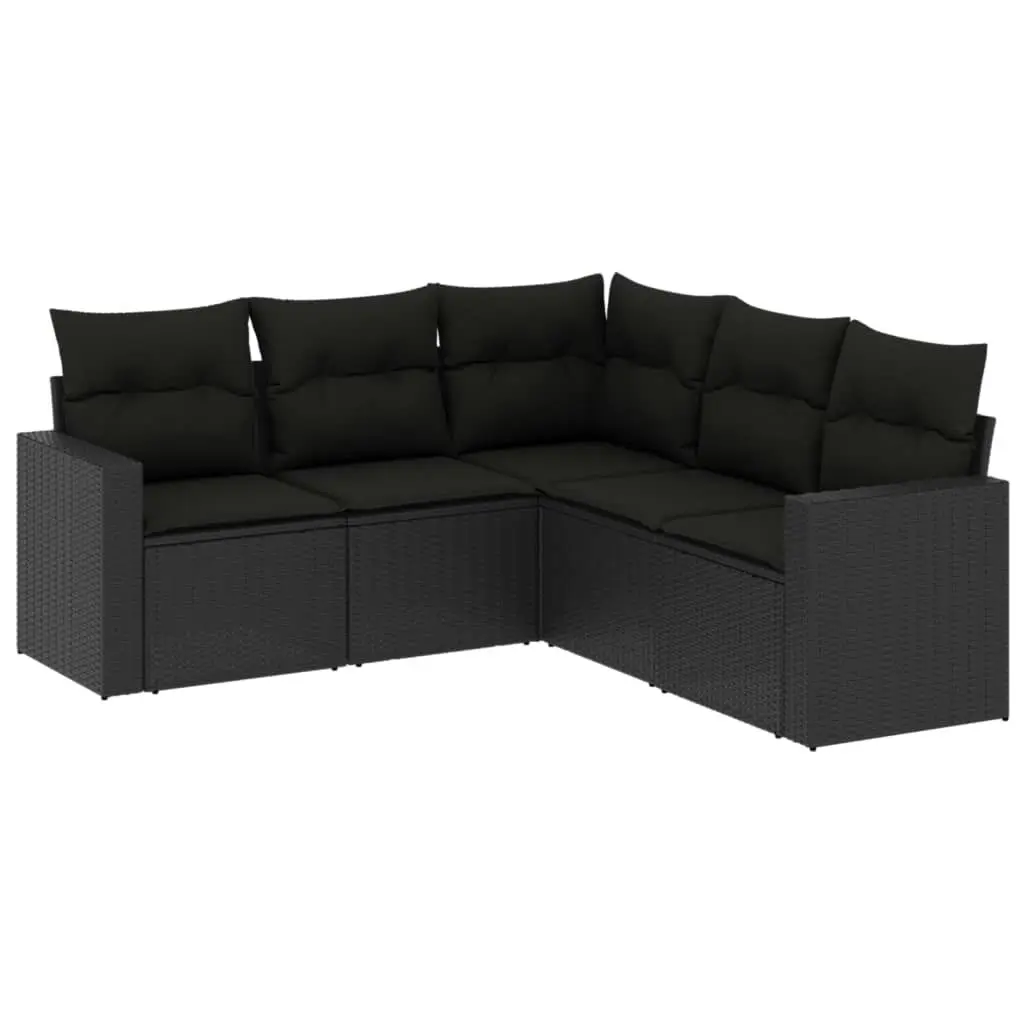 5 Piece Garden Sofa Set with Cushions Black Poly Rattan 3251282