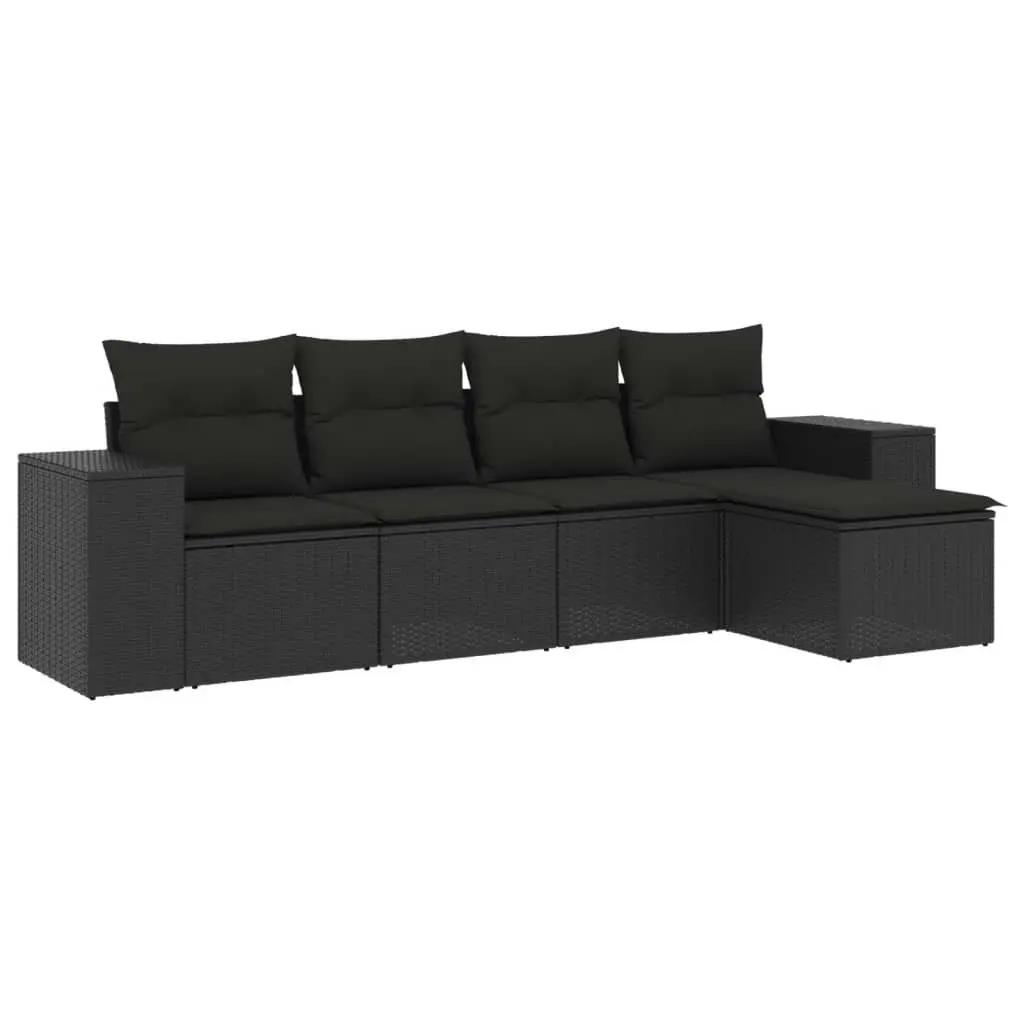 5 Piece Garden Sofa Set with Cushions Black Poly Rattan 3222484