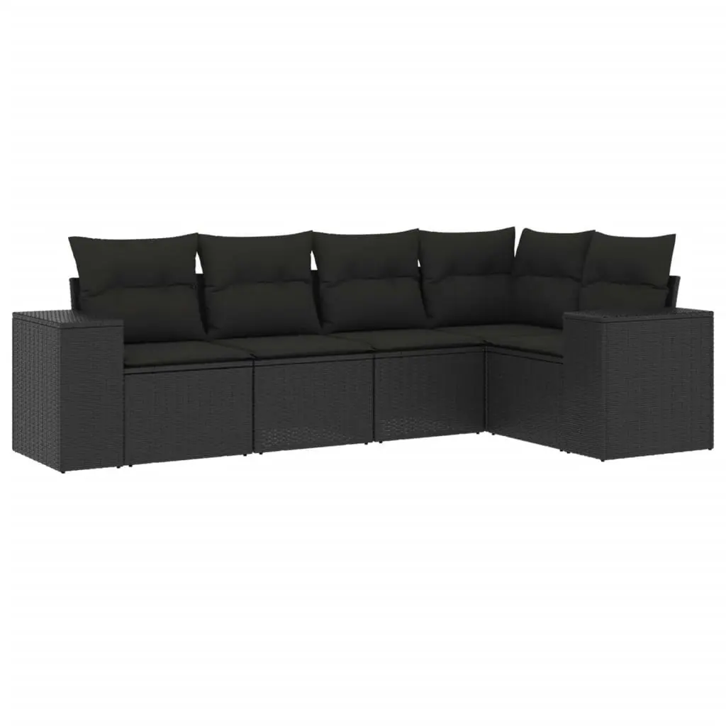 5 Piece Garden Sofa Set with Cushions Black Poly Rattan 3222524