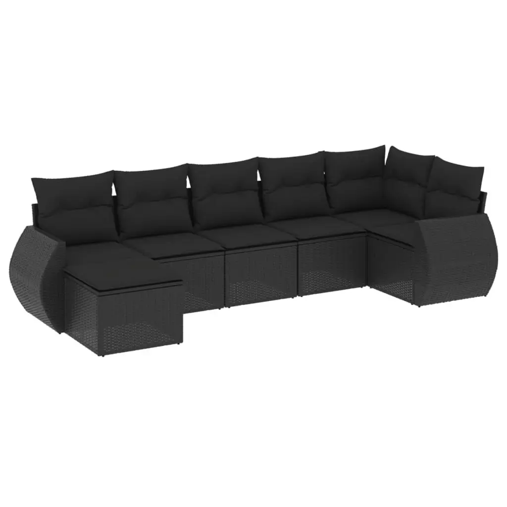 7 Piece Garden Sofa Set with Cushions Black Poly Rattan 3221674