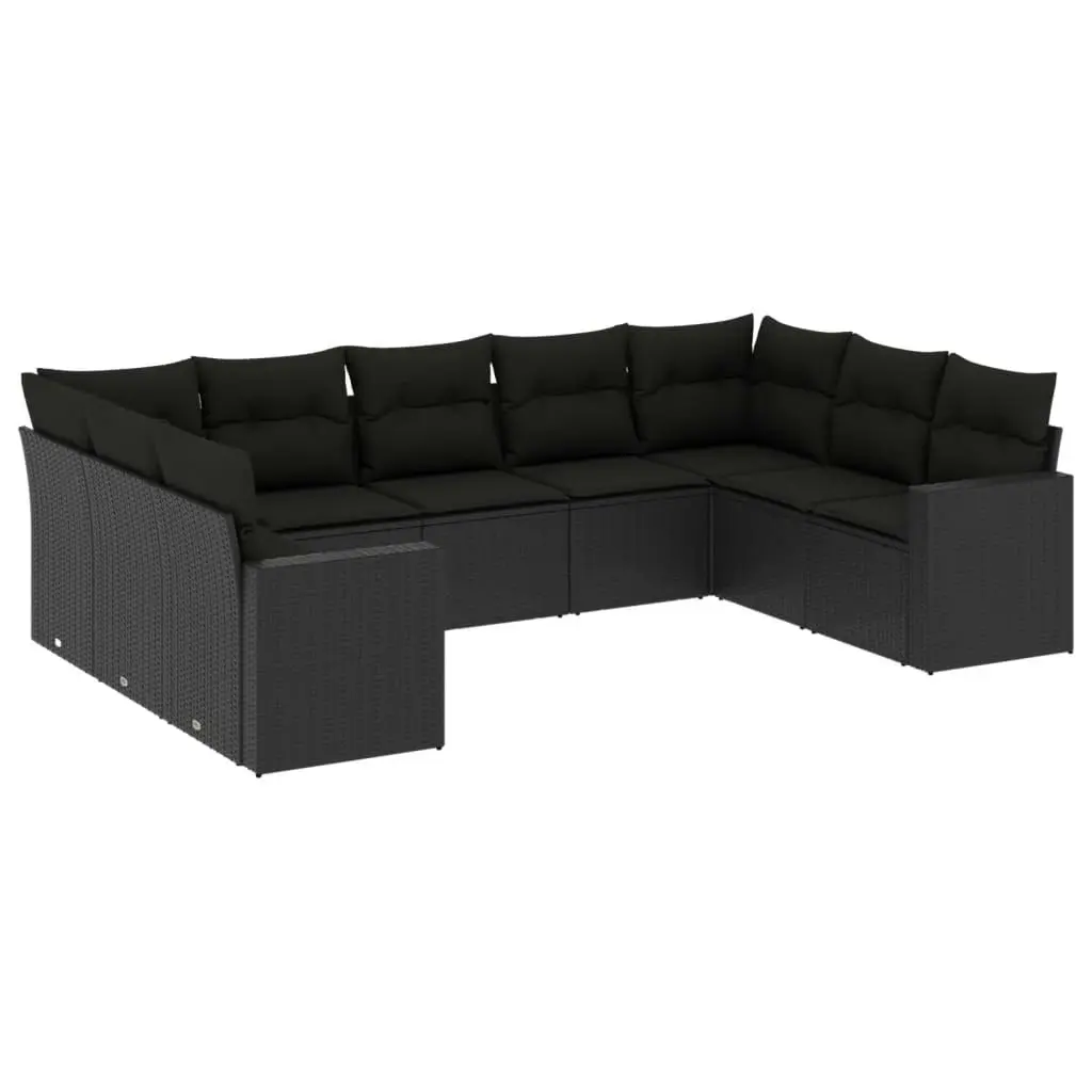 9 Piece Garden Sofa Set with Cushions Black Poly Rattan 3251732