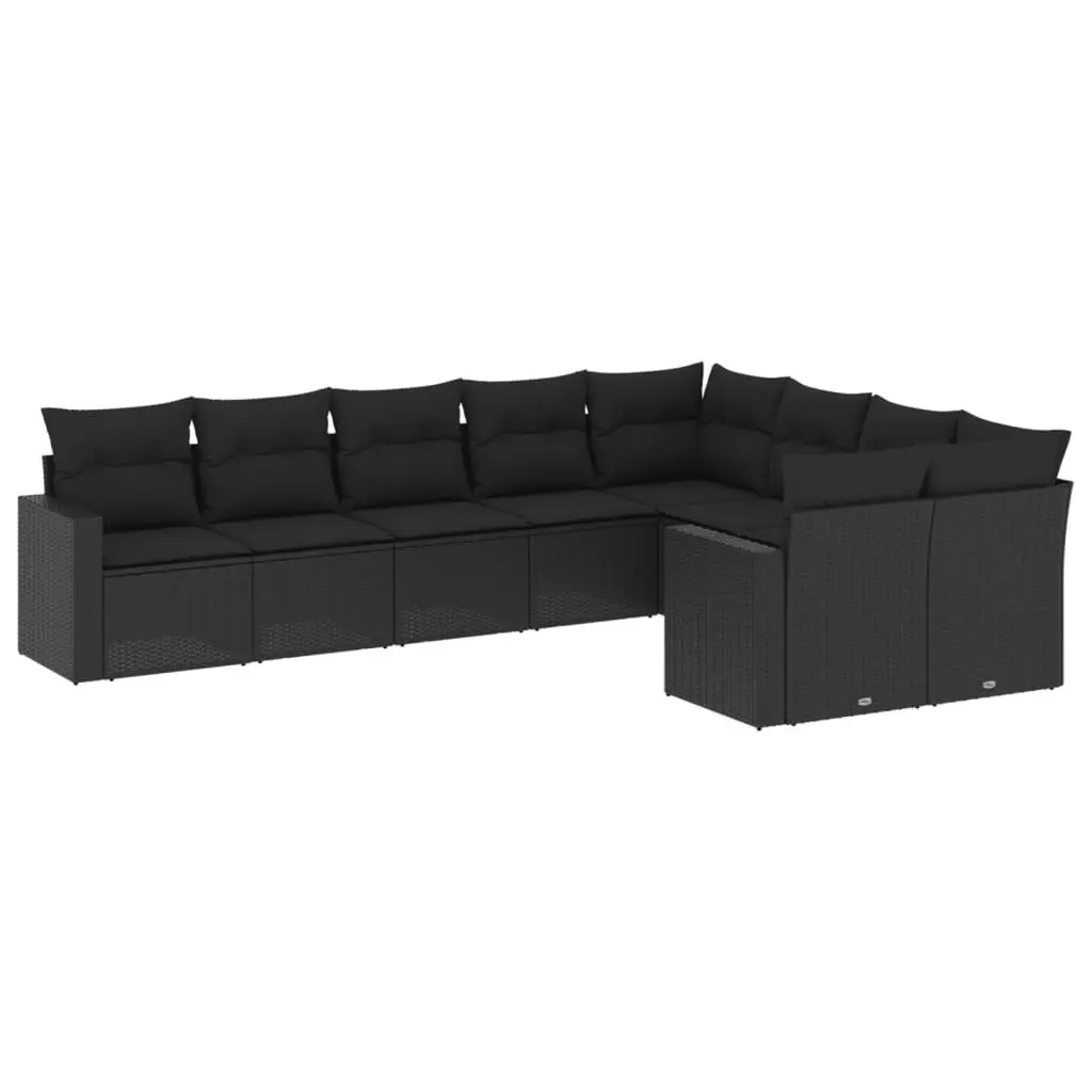 9 Piece Garden Sofa Set with Cushions Black Poly Rattan 3251772