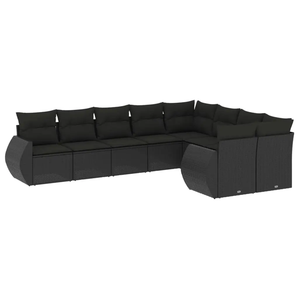 9 Piece Garden Sofa Set with Cushions Black Poly Rattan 3221834