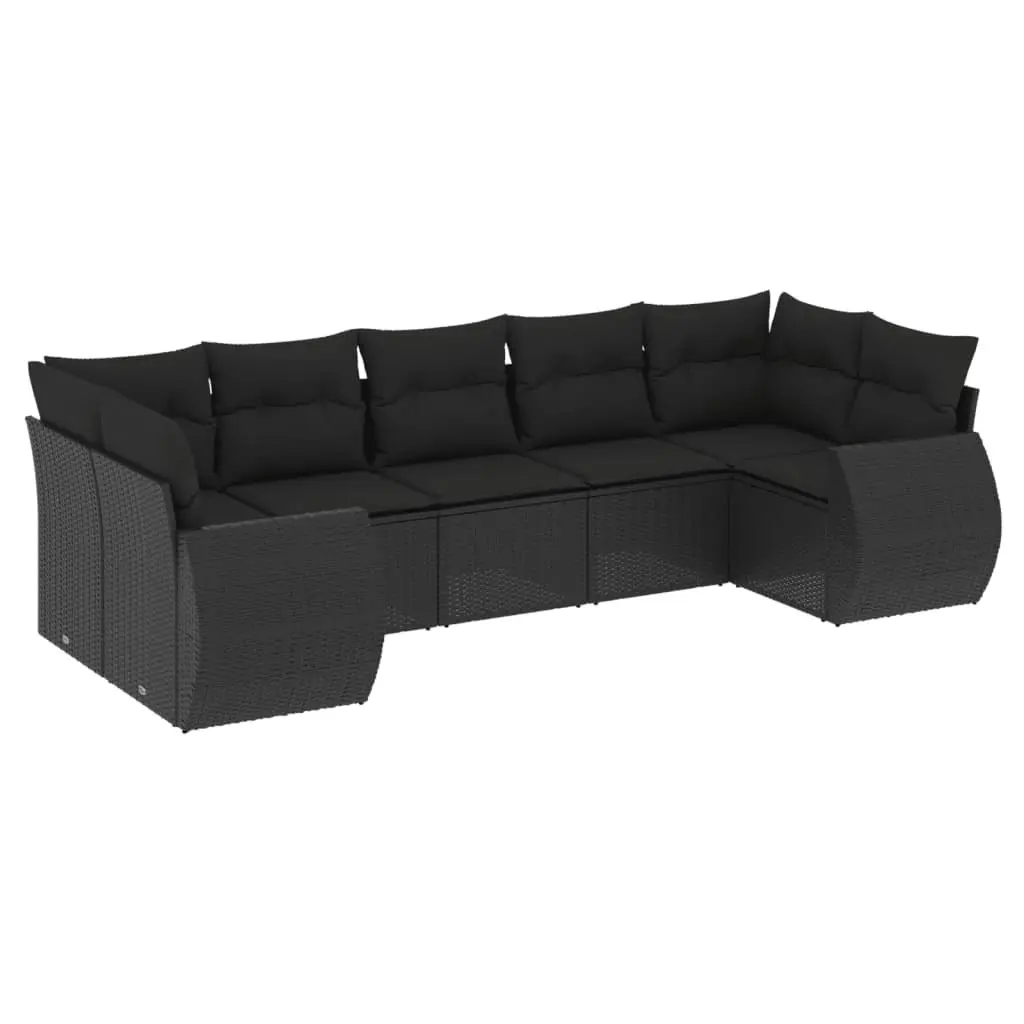 7 Piece Garden Sofa Set with Cushions Black Poly Rattan 3221784