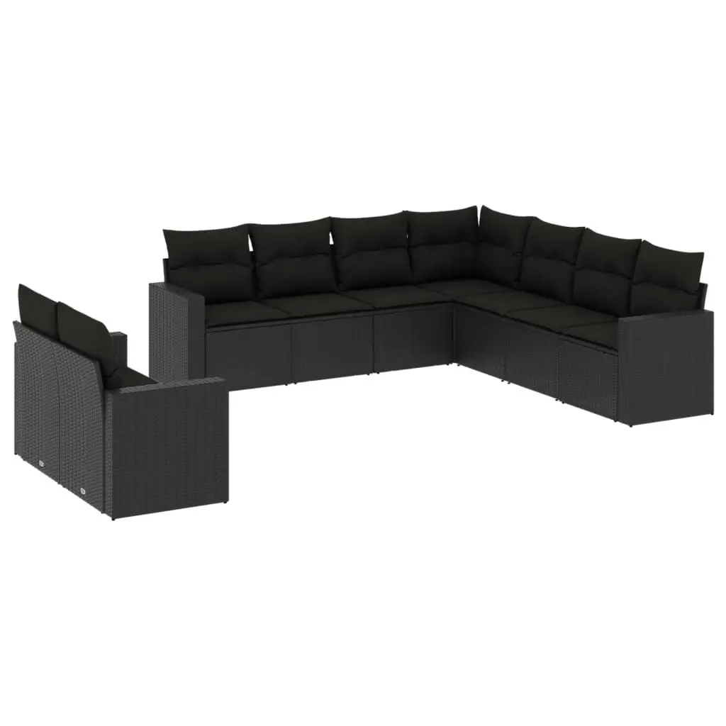 9 Piece Garden Sofa Set with Cushions Black Poly Rattan 3251482