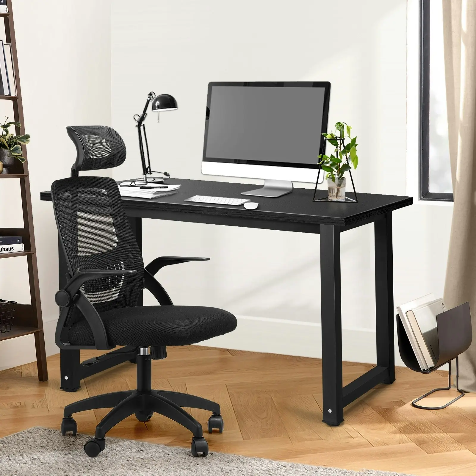 Oikiture Home Office Desk and Chair Set Computer Desk Mesh Office Chair Black