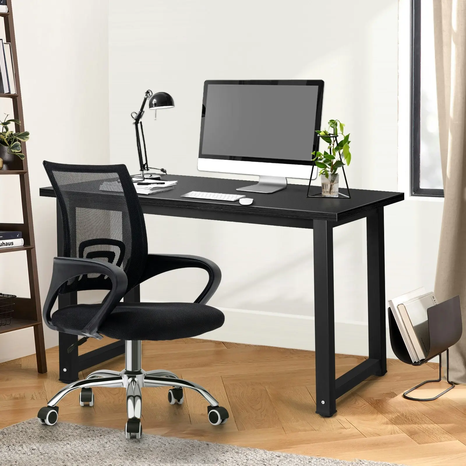 Oikiture Home Office Desk and Chair Set Black Computer Desk Mesh Office Chair