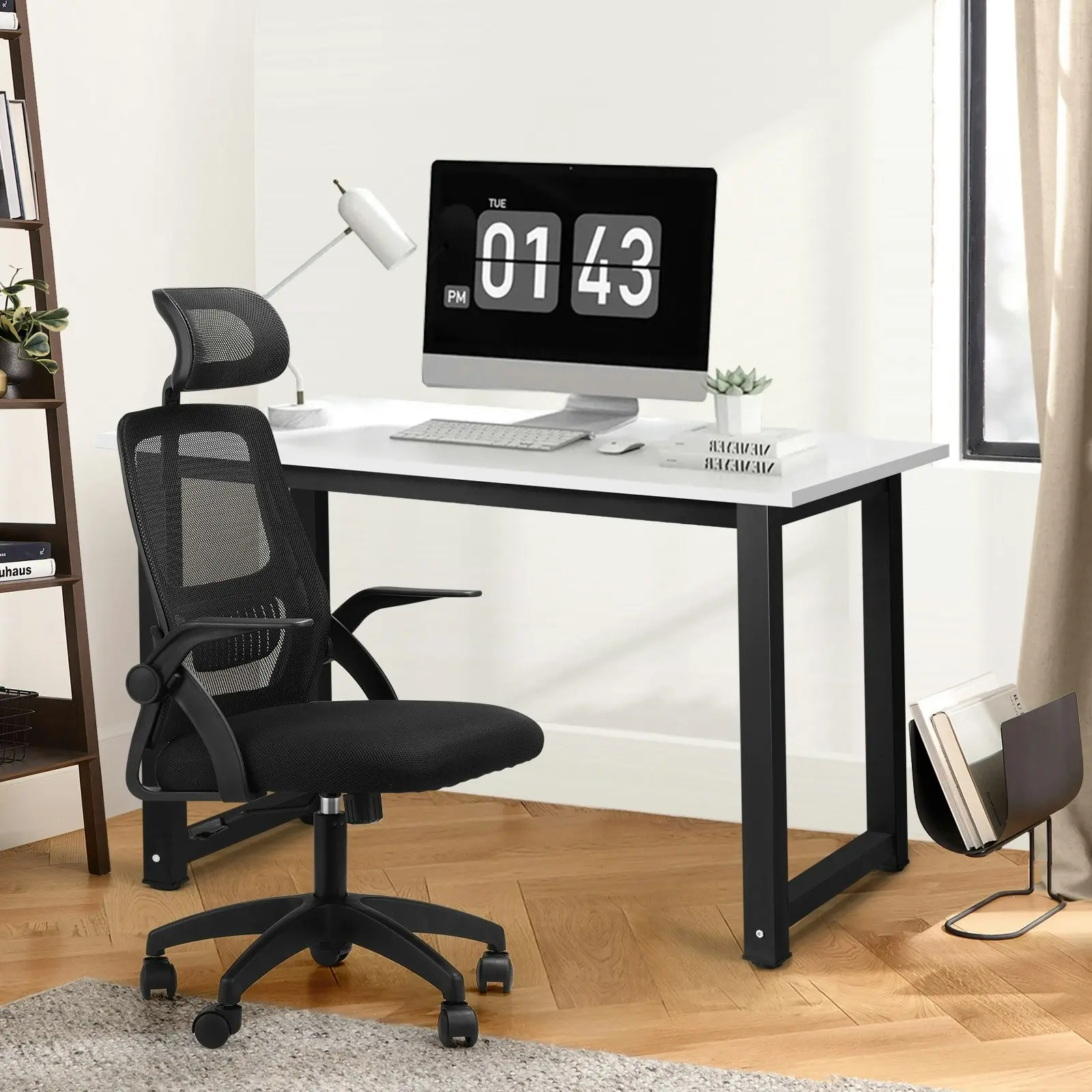 Oikiture Home Office Desk and Chair Set Computer Desk Mesh Office Chair Black&White