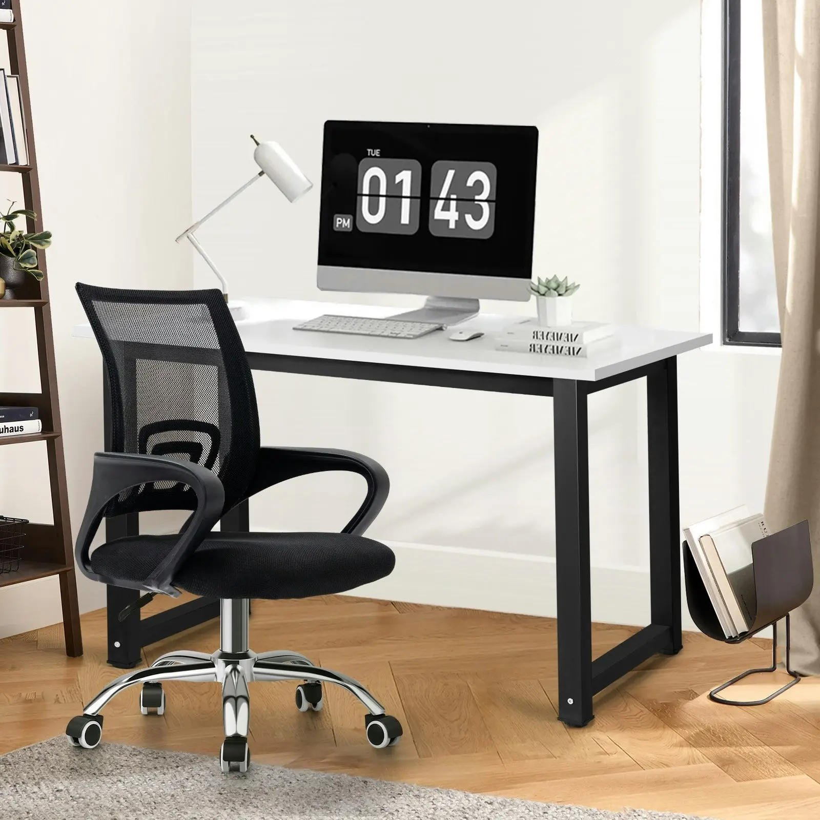 Oikiture Home Office Desk and Chair Set Black&White Computer Desk Mesh Office Chair