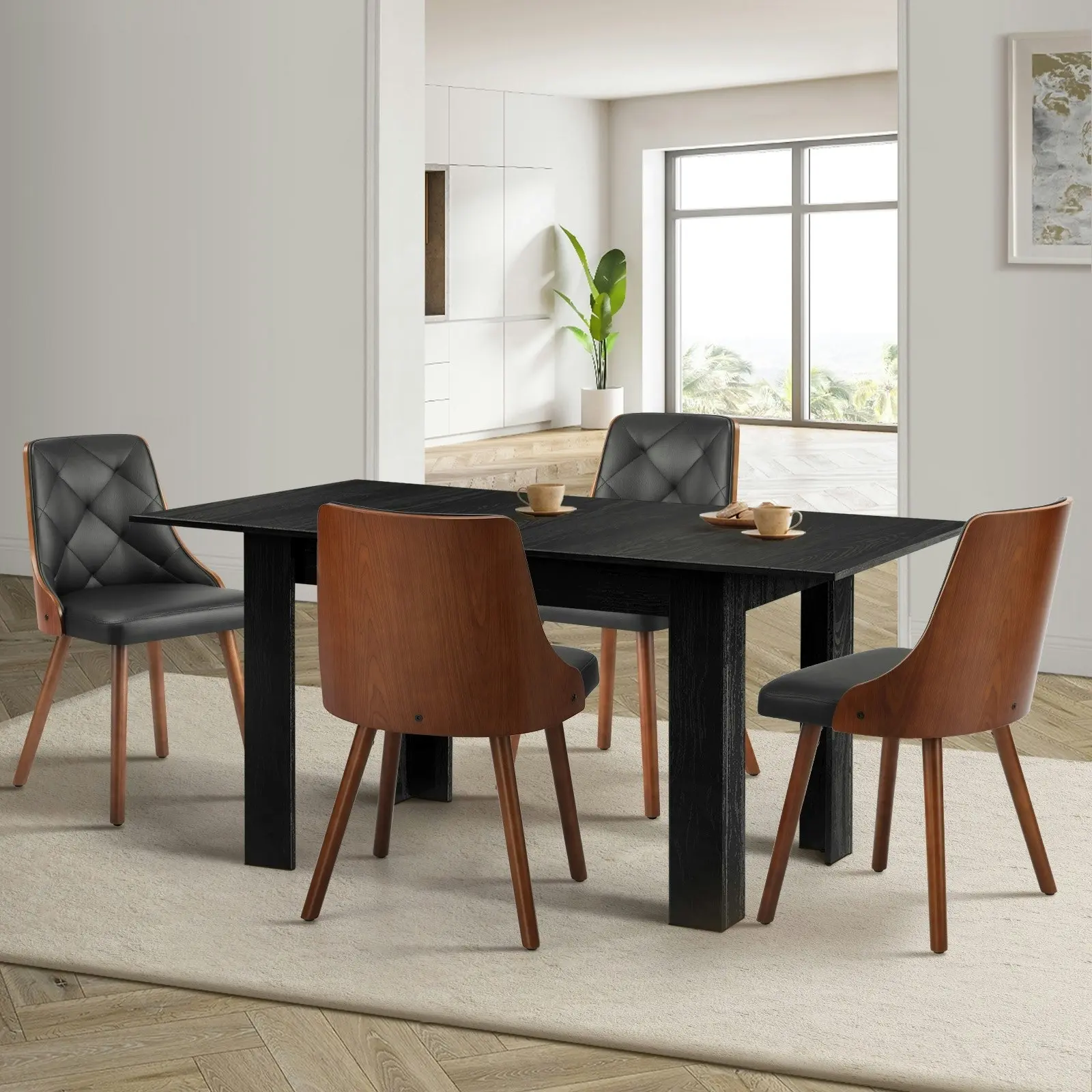 Oikiture 160cm Extendable Dining Table with 4PCS Dining Chairs PU Leather Black