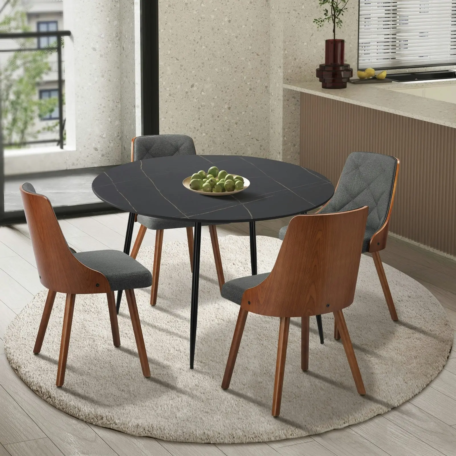 Oikiture 110cm Round Dining Table with 4PCS Dining Chairs Faux Linen Grey