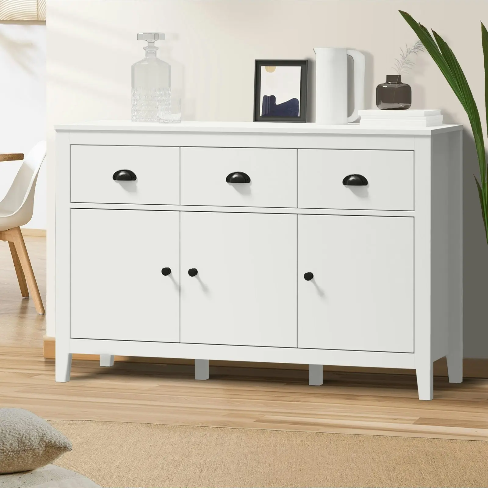 Oikiture Sideboard Buffet Storage Cabinet 3 Doors Cupboard Pantry Kitchen White