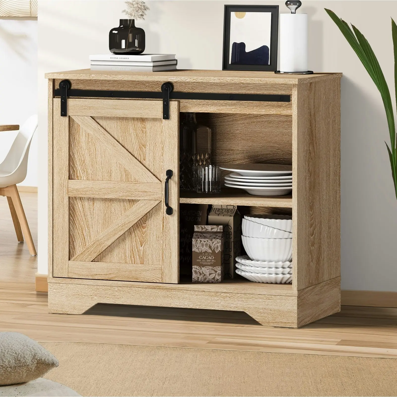 Oikiture Buffet Sideboard Cabinet Pantry Storage Cupboard Sliding Door Natural