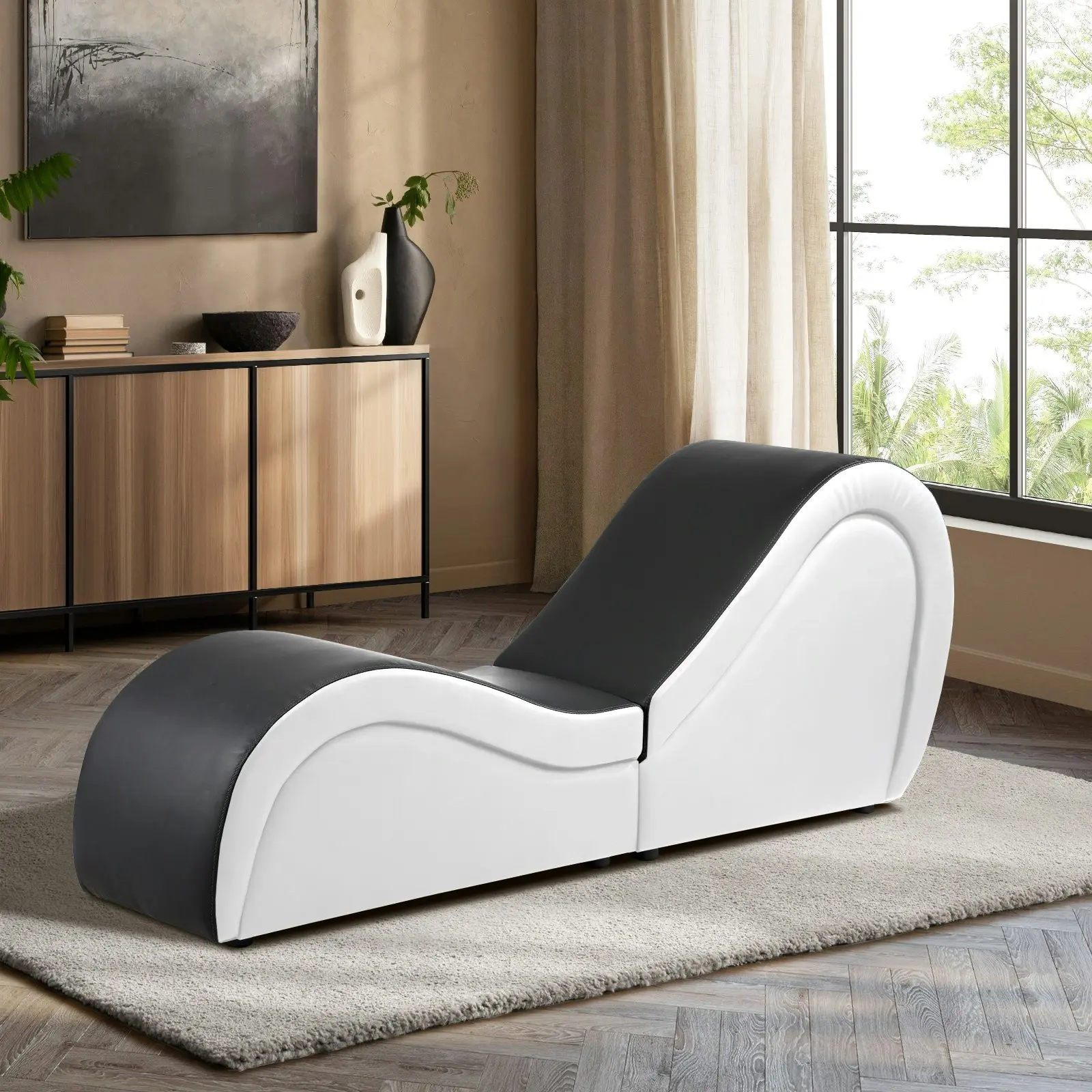 Oikiture Sofa Couch Love Seat Chaise Lounge Yoga Bed Black and White