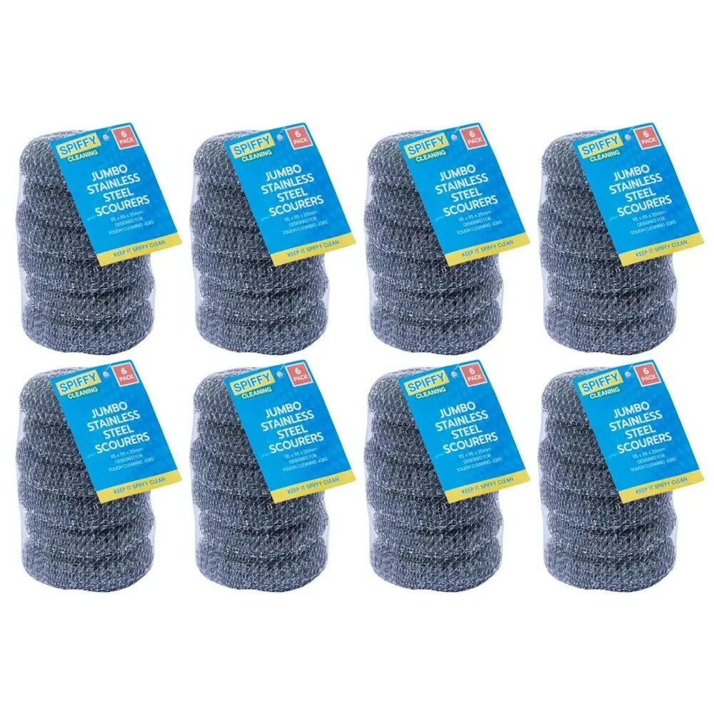 8x 6PK Spiffy 11cm Jumbo Heavy Duty Stainless Steel Dishwashing Scourers Scrub