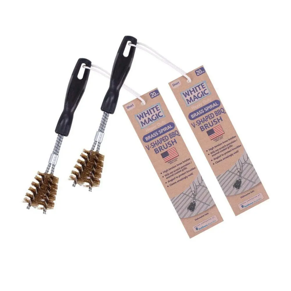 2x White Magic Brass Spiral 20cm Barbecue Grill Brush Short V-Shaped Cleaner BLK